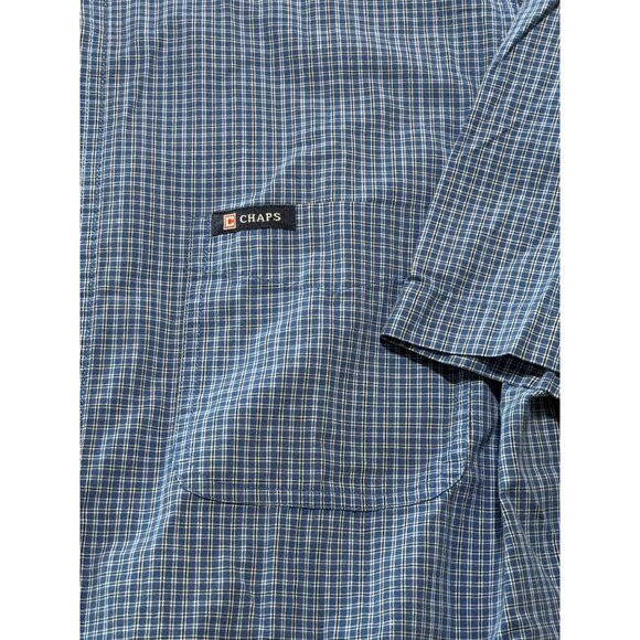 Chaps Mens Blue White Plaid Short Sleeve Button-Down Shirt M Cotton Polyester - Picture 2 of 5